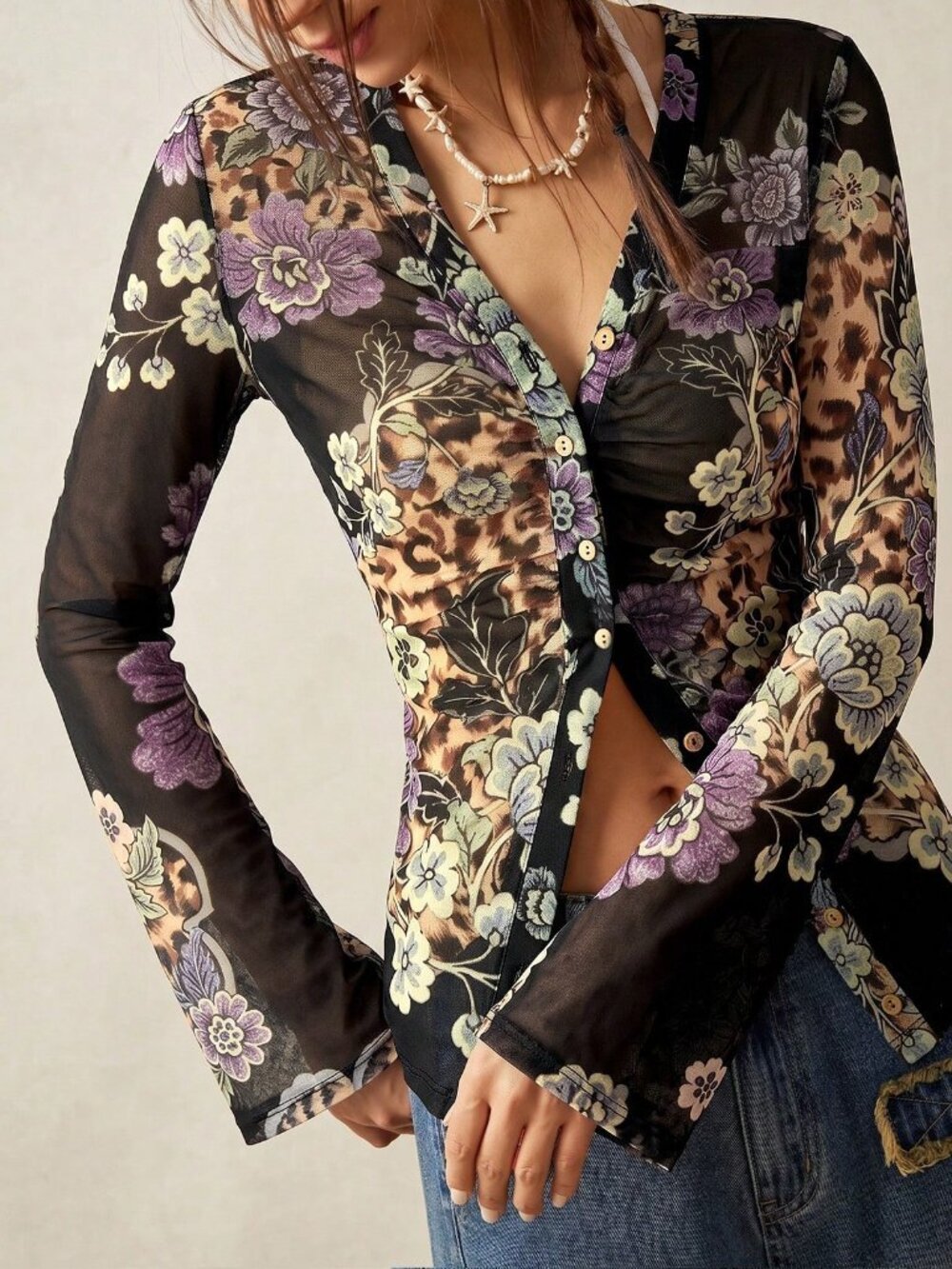 Black Casual Women's Boho Vacation Knit Mesh Printed Top - Picture 5 of 8